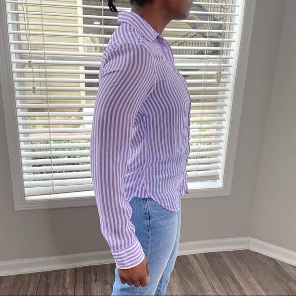 American Eagle Button Down Up Purple Striped Sheer Shirt - Picture 5 of 10